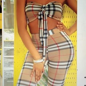 Jurllyshe plaid print wrap chest & pants